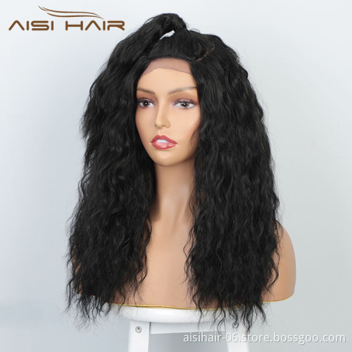 Aisi Hair 18 Inch Long Body Wave Natural Black Wig With Ponytail Swiss Lace Wig Water Wave Synthetic Hair Wigs For Black Women